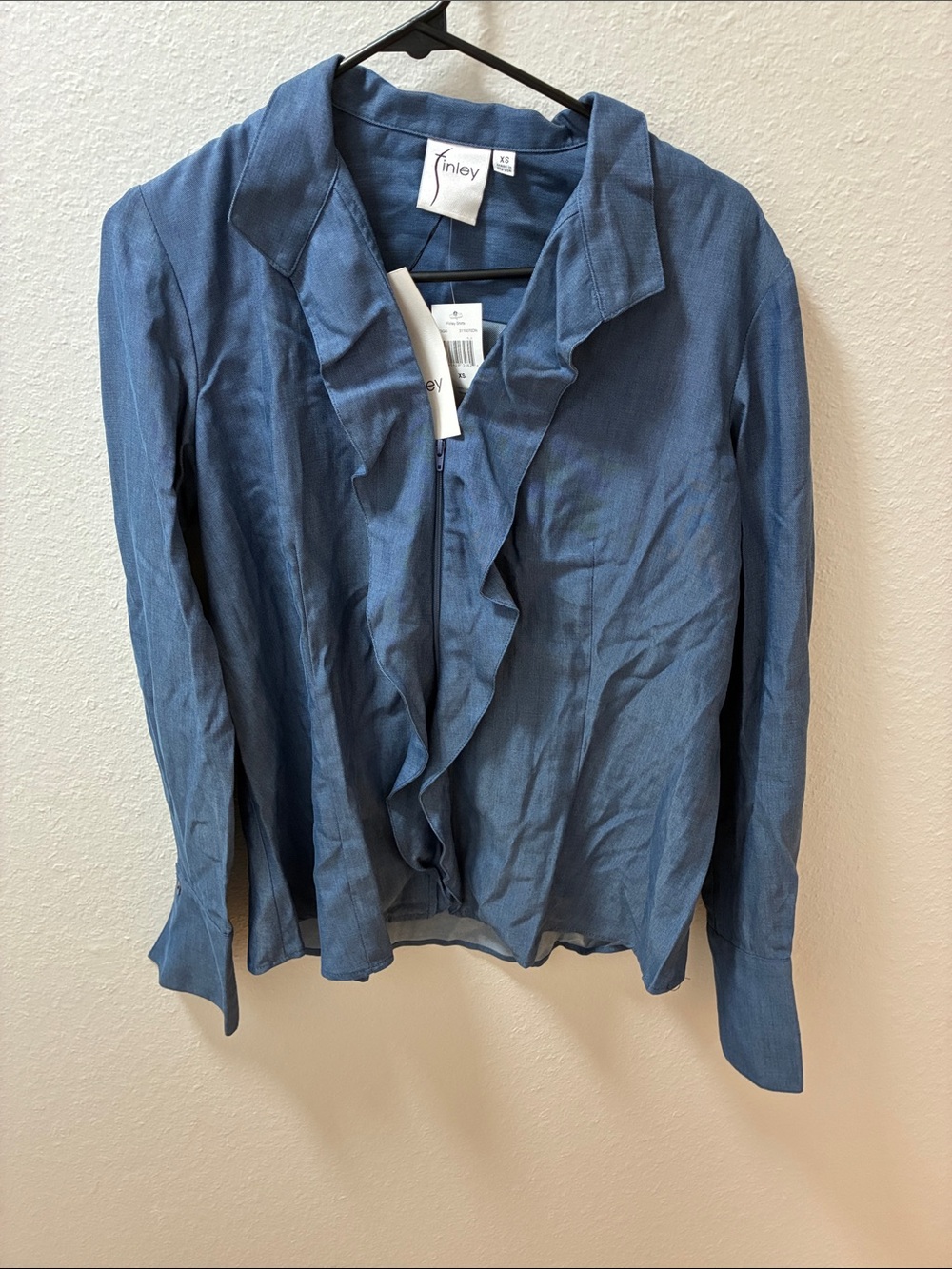 Finley Denim-Blue Ruffle Front Blazer Jacket